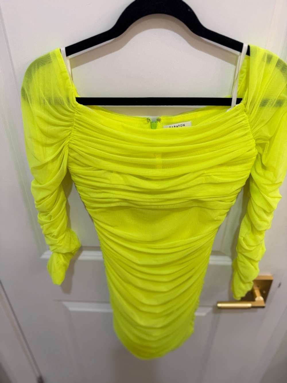 Babaton Neon Yellow Ruched Long-Sleeve Bodycon Dress - Picture 3 of 6